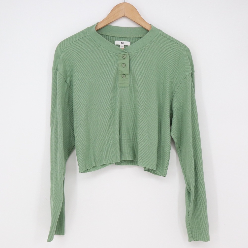 BP Top Womens S Henley Cropped Sage Green Waffle Knit Thermal Long Sleeve